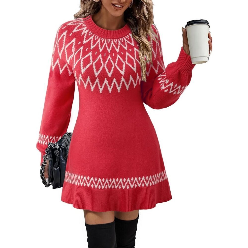 Womens Knit Sweater Dress Casual Crewneck Lantern Sleeve Mini Winter